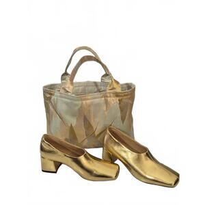 Ladies Combo Purse Tote And Shoe Nwot Ladies Gold Lame Like Color Chunky Heel Pu